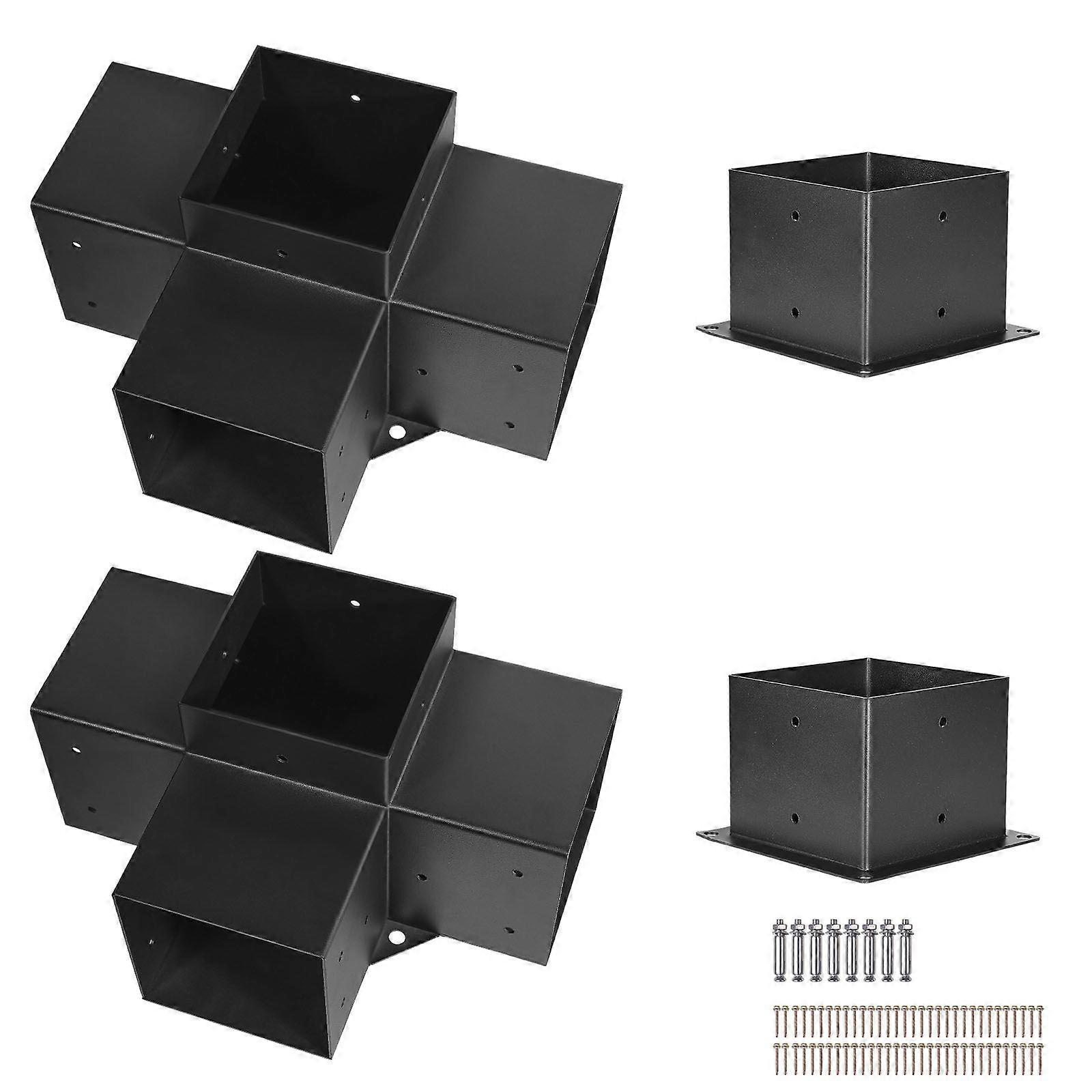 Pergola Bracket Kit, 6x6 Inch (Inner Size 142 x 142 mm), 2 Pcs 4-Way Heavy Duty Corner Bracket Woodworks DIY Post Base Kit