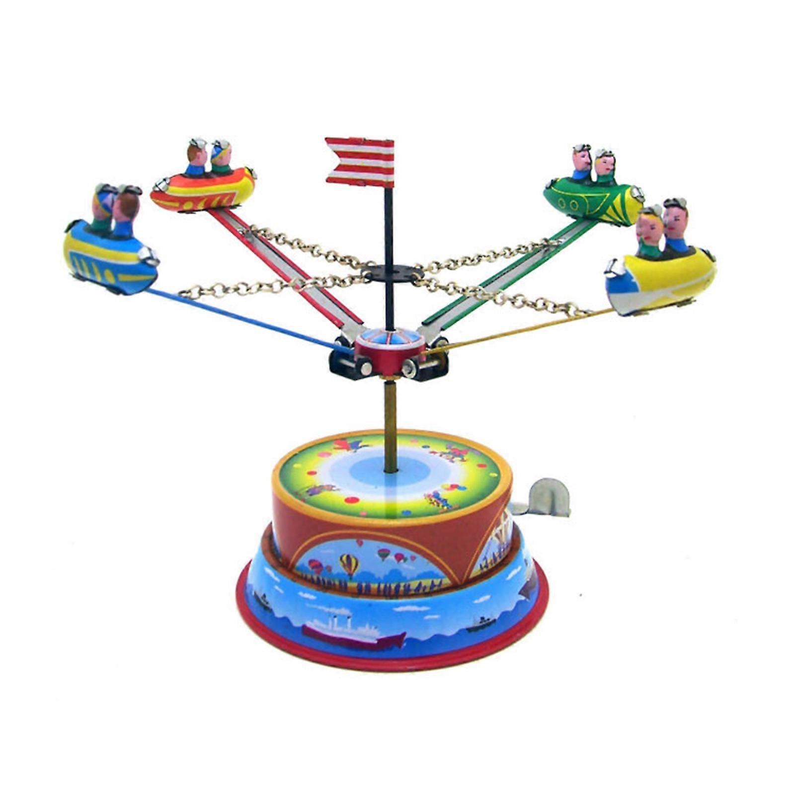 Vintage Iron Windup Toy Rotating Spaceship Figurine Tinplate Spring Toy for Home and Office Display Collectible Gift Multicolor