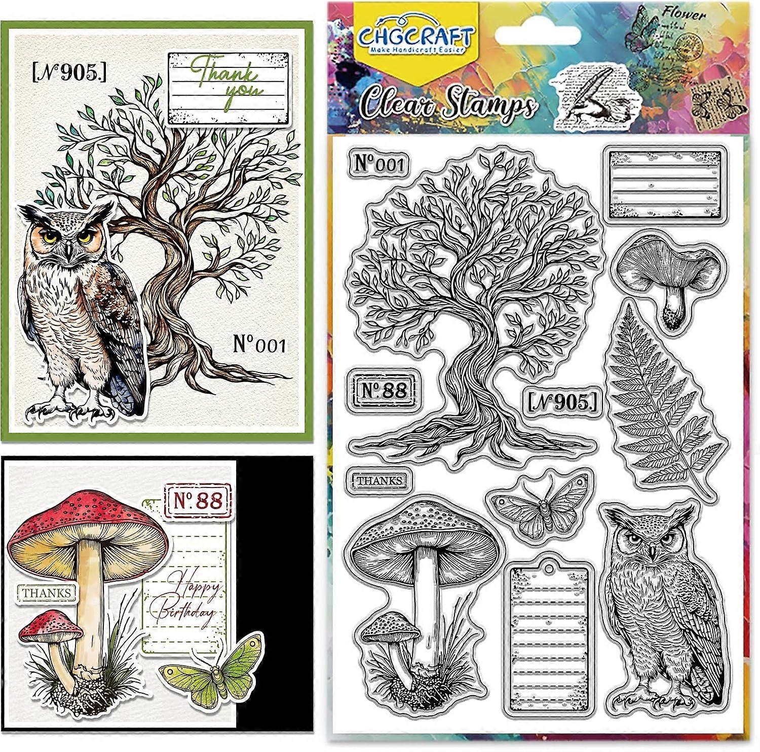 Tags Tree Owl Pattern Clear Stamps Mushrooms Transparent Embossing Silicone Stamp Seal for DIY Scrapbooking and Card Making Paper Craft Decor 6.3  4.3