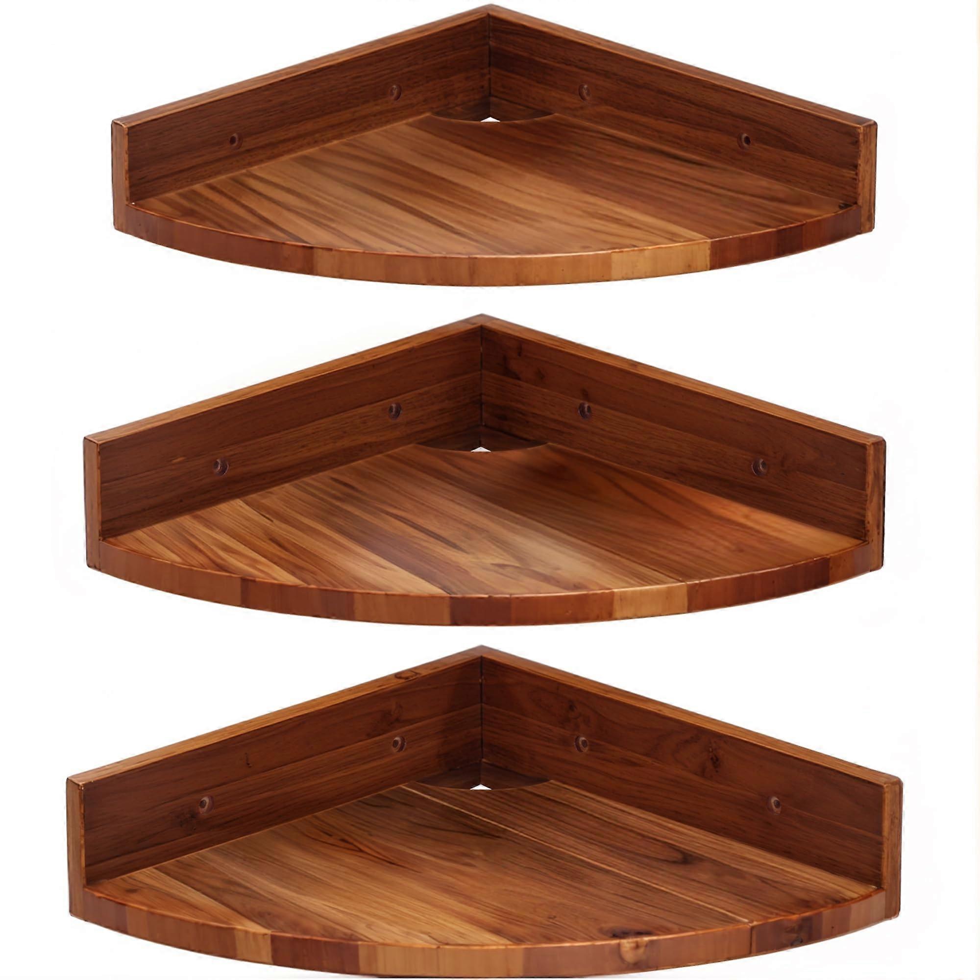 Corner Wall Shelves Set of 3 Solid Acacia Wood Round Floating Design for Rustic Storage and Display