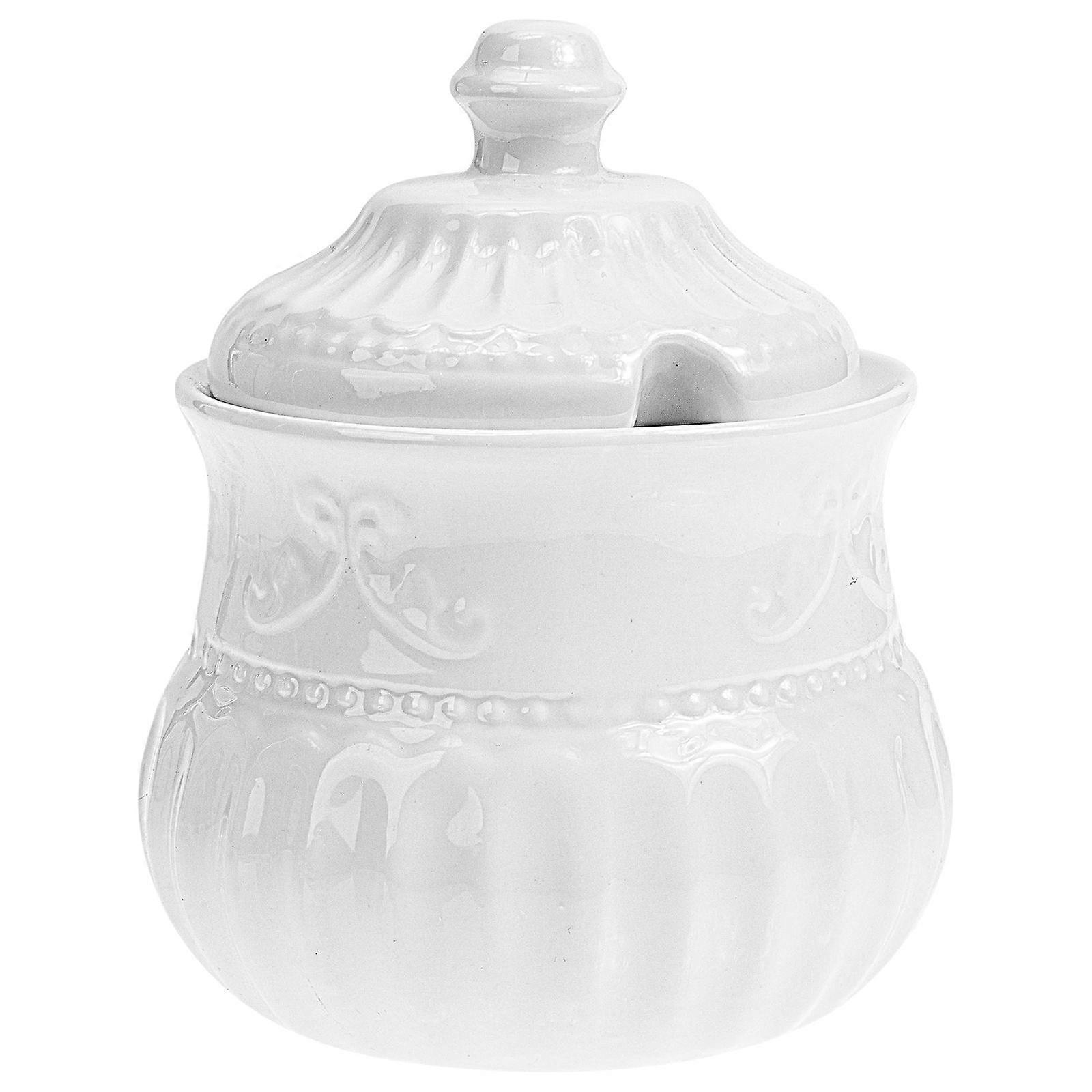 Ceramic Sugar Cube Jar for Home 2Pcs Embossed Sugar Jar White