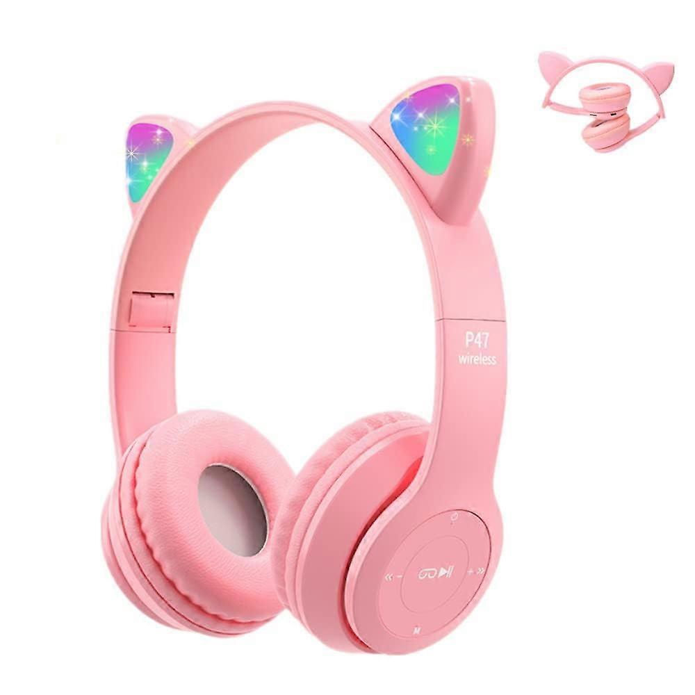 Kids Wireless Headphones Bluetooth OverEar With Microphone Cat Ear LED Light TF Card Support Foldable Pink Age 7+