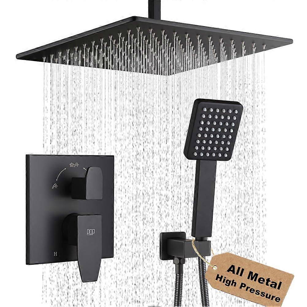 12 Inch Ceiling Mounted Rain Shower System with Handheld, Matte Black  Pressure All Metal Faucet Set