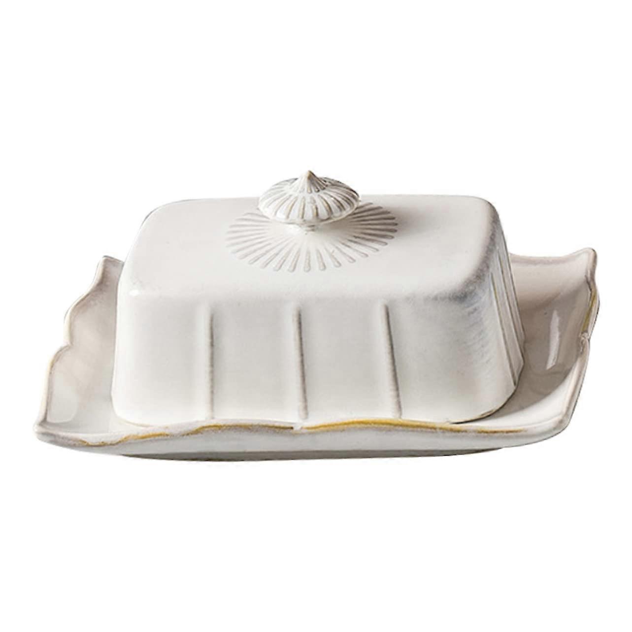 Large Ceramic Butter Dish with Lid, White Butter Holder Container with Handle, Keeps Butter Fresh
