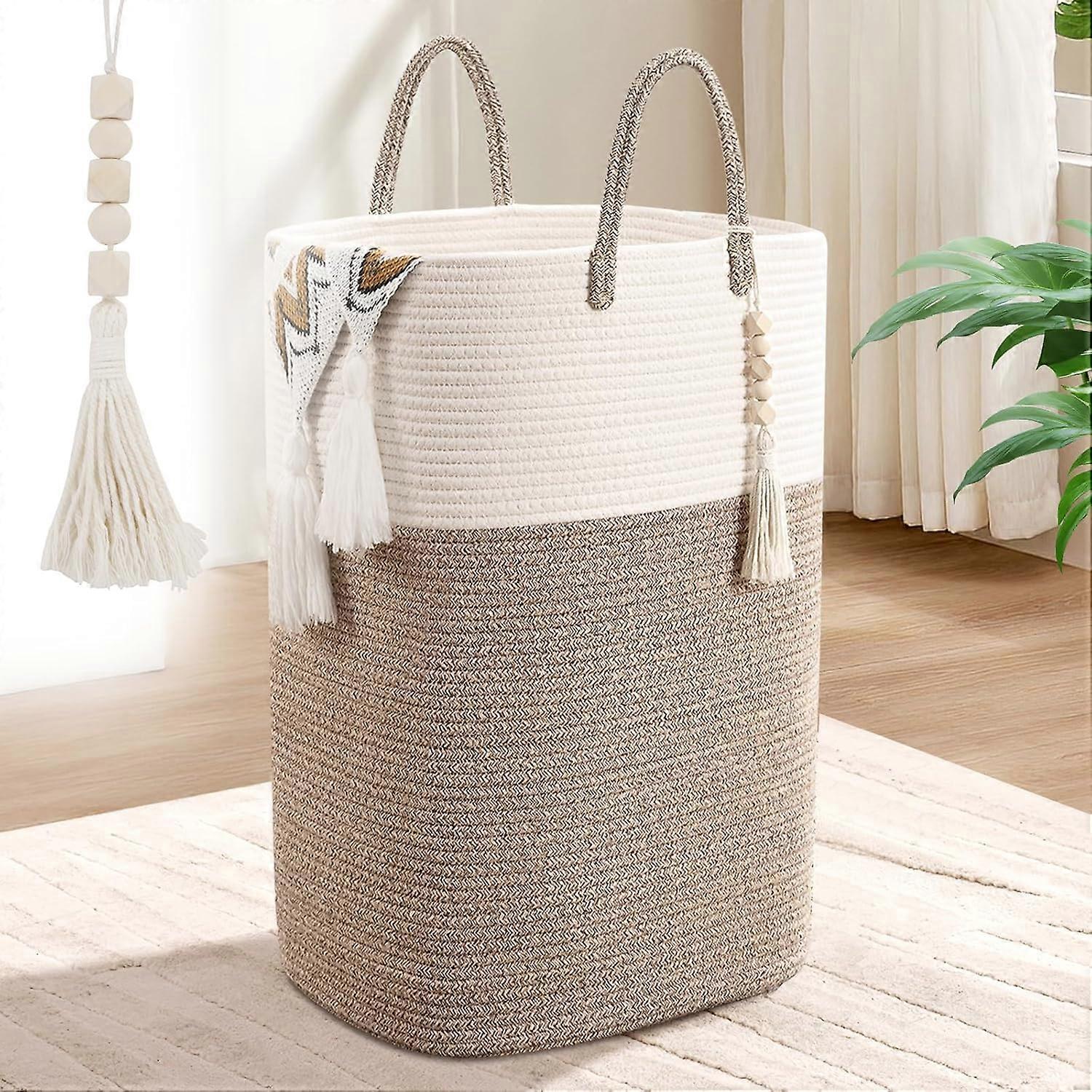 65L Large Cotton Rope Laundry Basket with Wooden Bead Tassel, Tall Woven Hamper for Clothes and Toys
