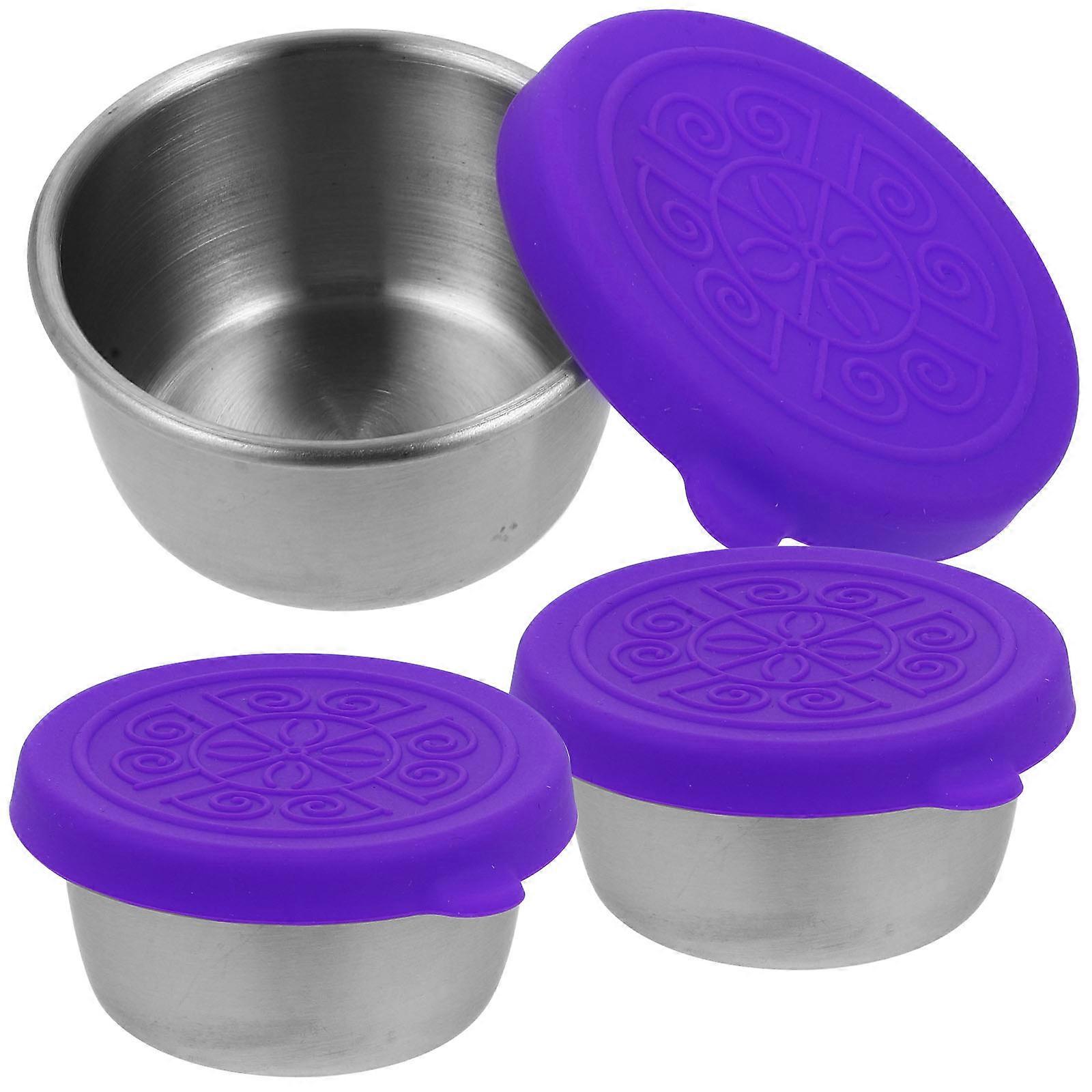 Household Use Purple Stainless Steel Sauce Cups with Lid 3Pcs Multi-Function