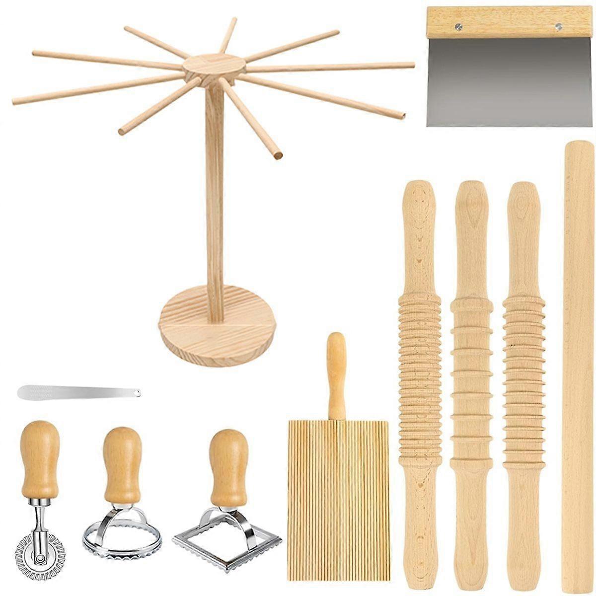 Pasta Making Tools, Wooden Pasta Making Kit with Threaded Rolling Pins, Long Rolling Pin,Rotatable