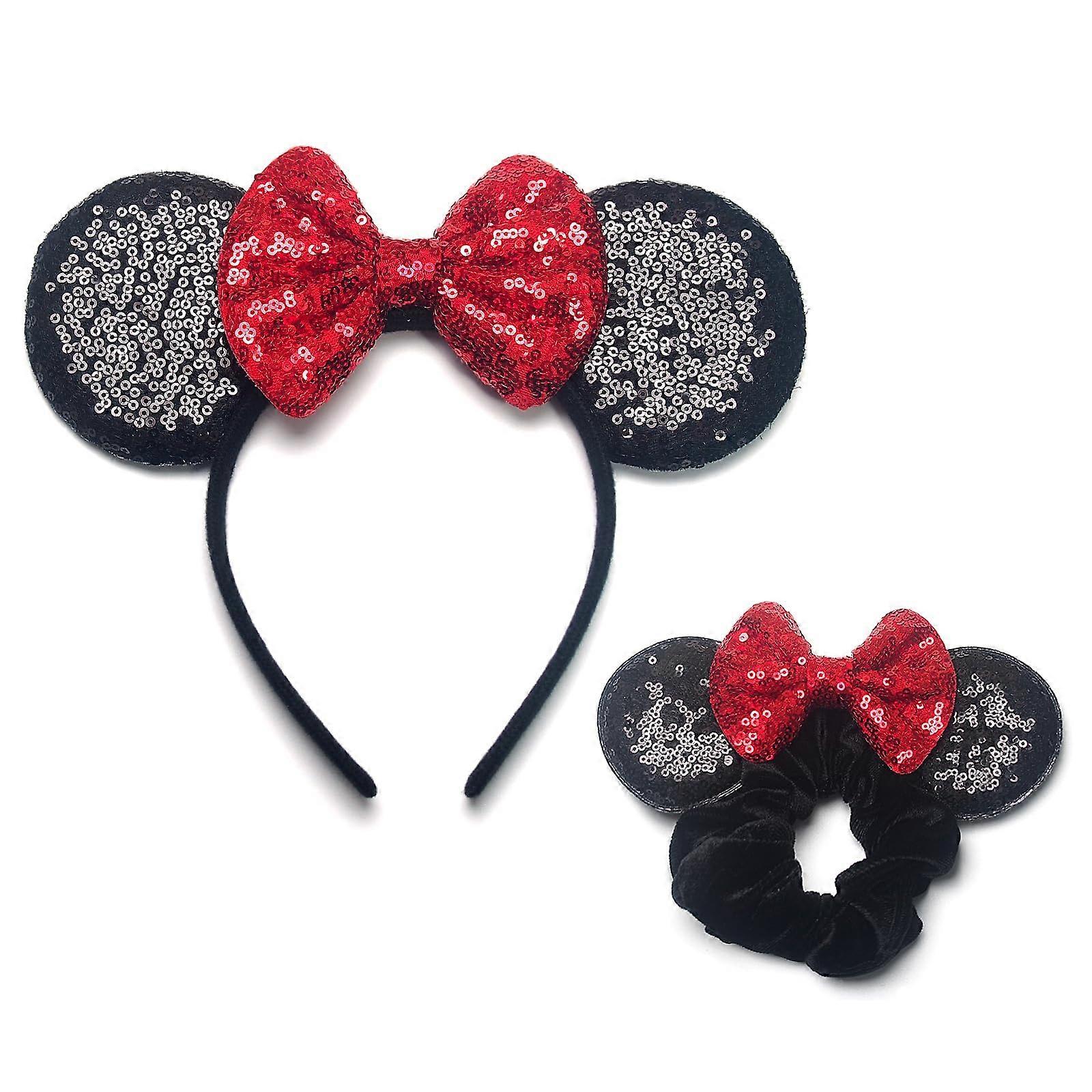 Black Sequin Mouse Ears Headband with Bold Red Bow and Matching Hair Scrunchie Set
