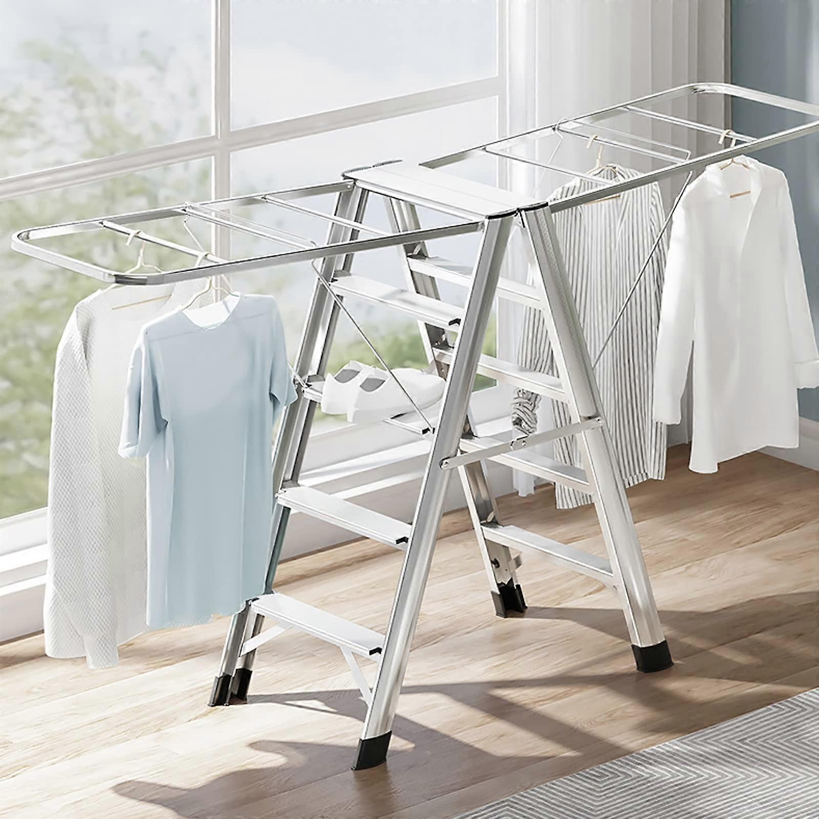 Foldable Aluminium Clothes Drying Rack Indoor Laundry Stand with DualUse Ladder Design