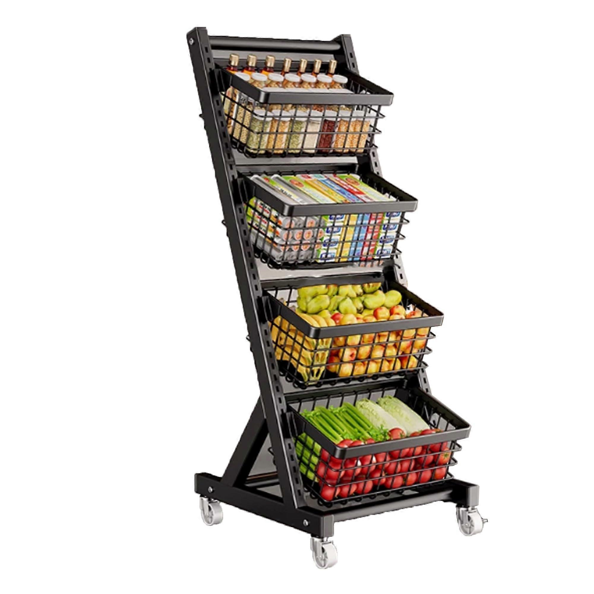 Rolling Vegetable Rack with Adjustable Basket Height, Tall Slim Kitchen Storage Organizer with Wheels (Black)