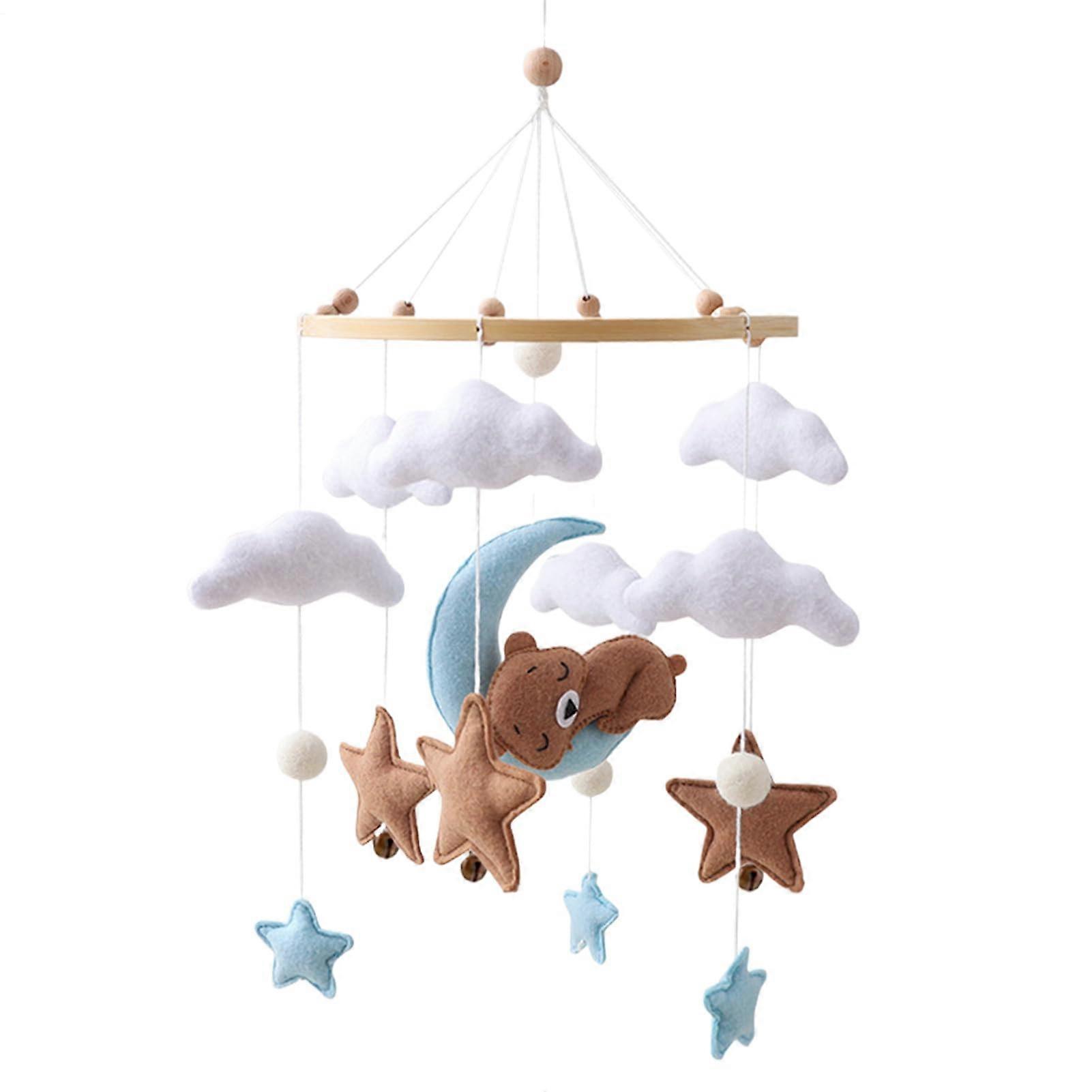 Baby Crib Mobile with Felt Bears Clouds and Moon, Rotating Visual Stimulation Nursery Decor