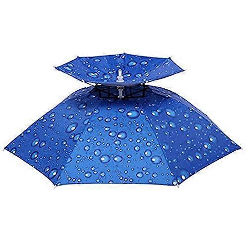 Fishing Umbrella Hat with UV Protection, Lightweight Foldable Double Layer Hands Design, Raindrop Blue