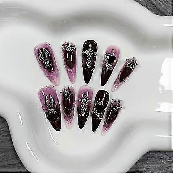 Handmade Long Stiletto Press-On Nails Pink & Black Gothic Fake Nails with 3D Charms Size L