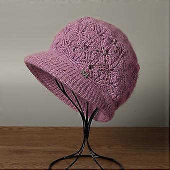 Women's Crochet Beret Hat with Short Brim, Hollowed Western Style Ear Protection, Wool-Blend Winter Knit Cap