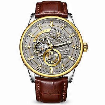BINBOND Men's Automatic Mechanical Watch Brown Leather Gold-Tone Grey Dial Waterproof JY
