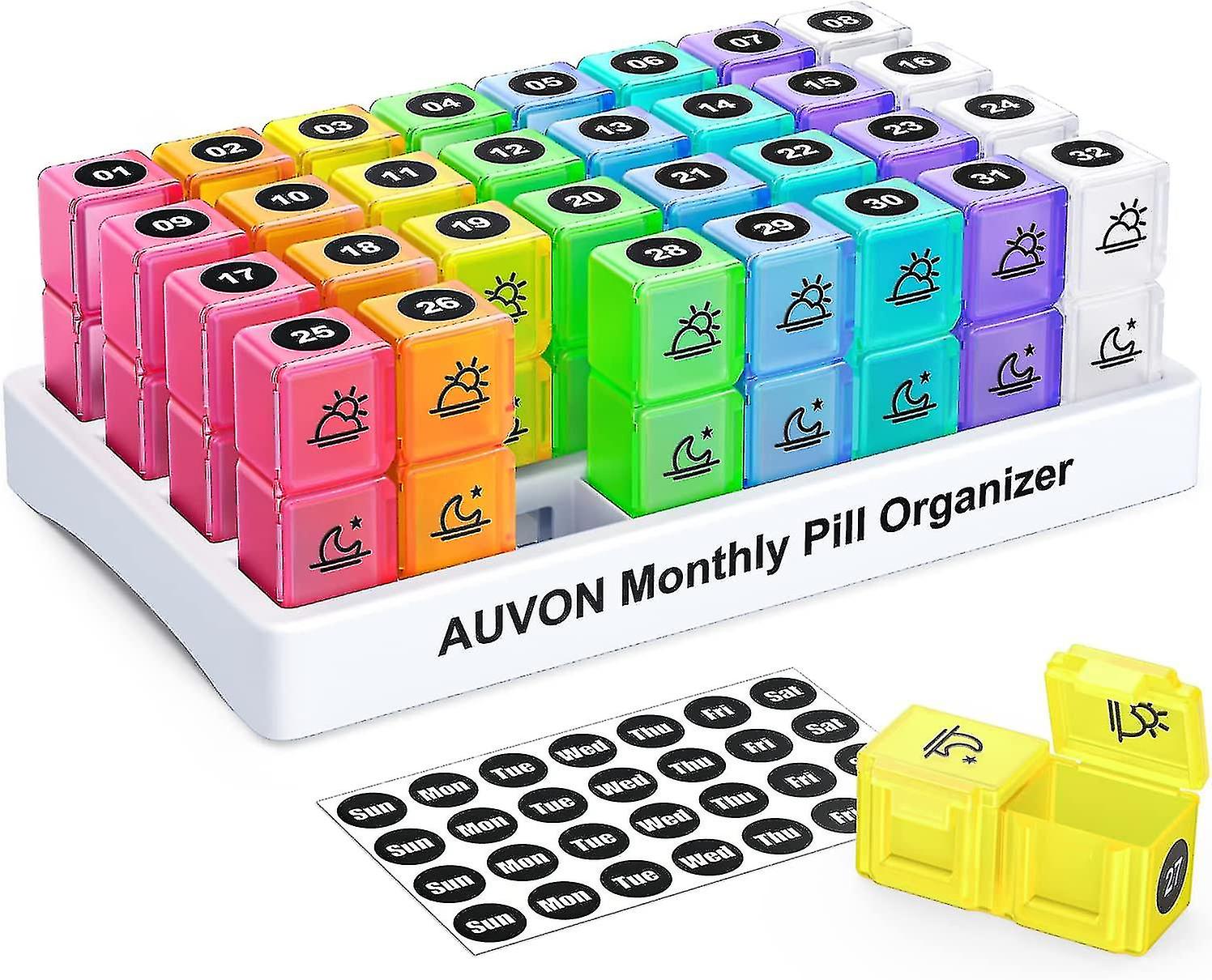 Monthly Pill Organizer With Free Smartphone Reminder App, 30 Day One Month Pill Box Case With 32 Removable Twice A Day Am Pm Compartments To Hold Fish