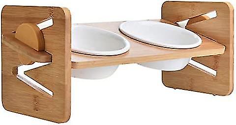 Elevated Bowl For Cats And Small Dogs, Adjustable With 2 Ceramic Bowls And Non-slip Feet