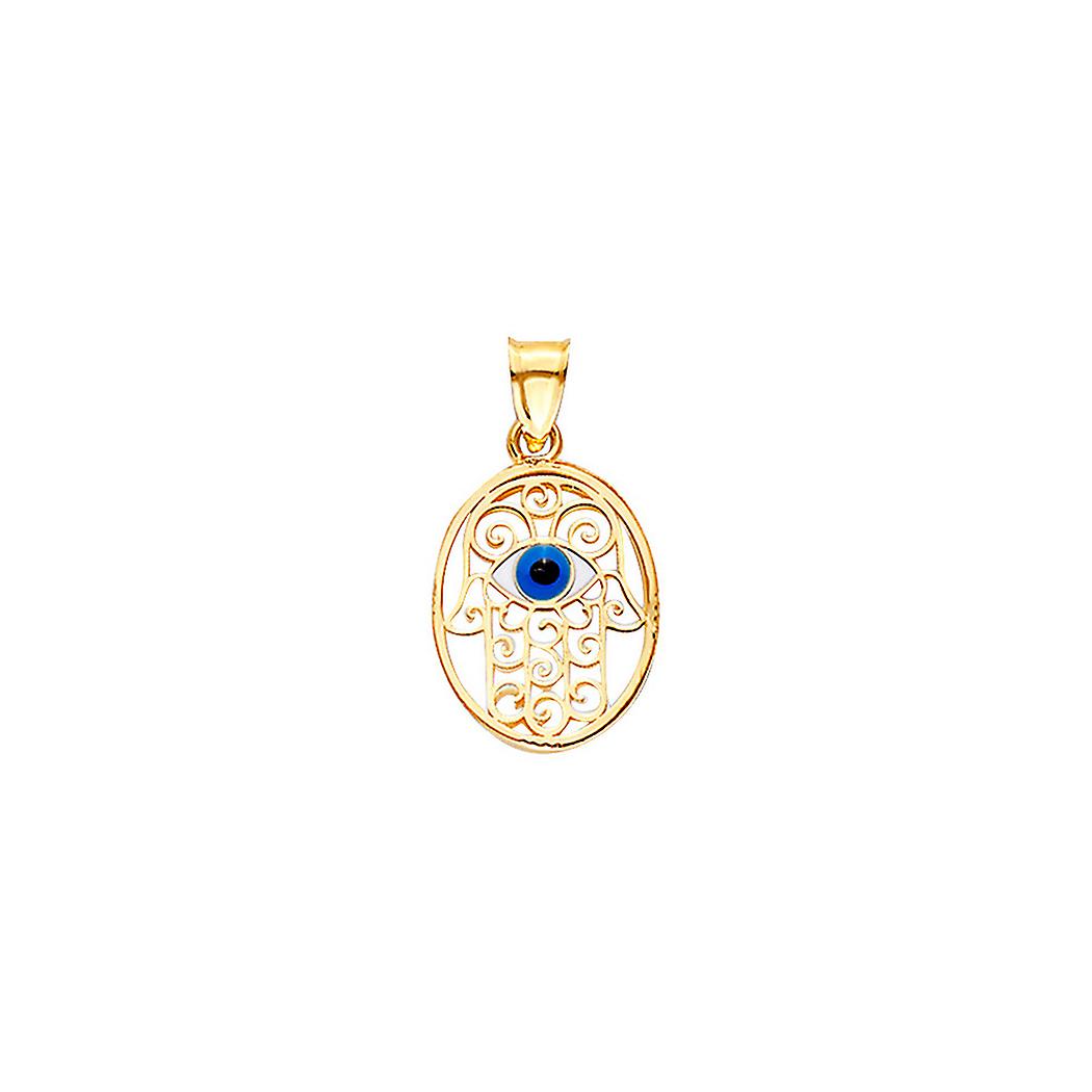 14k Yellow Gold Eveil Eye Hamsa Oval Medal On Simulated Mother of Pearl Pendant Necklace-Pendant for Women