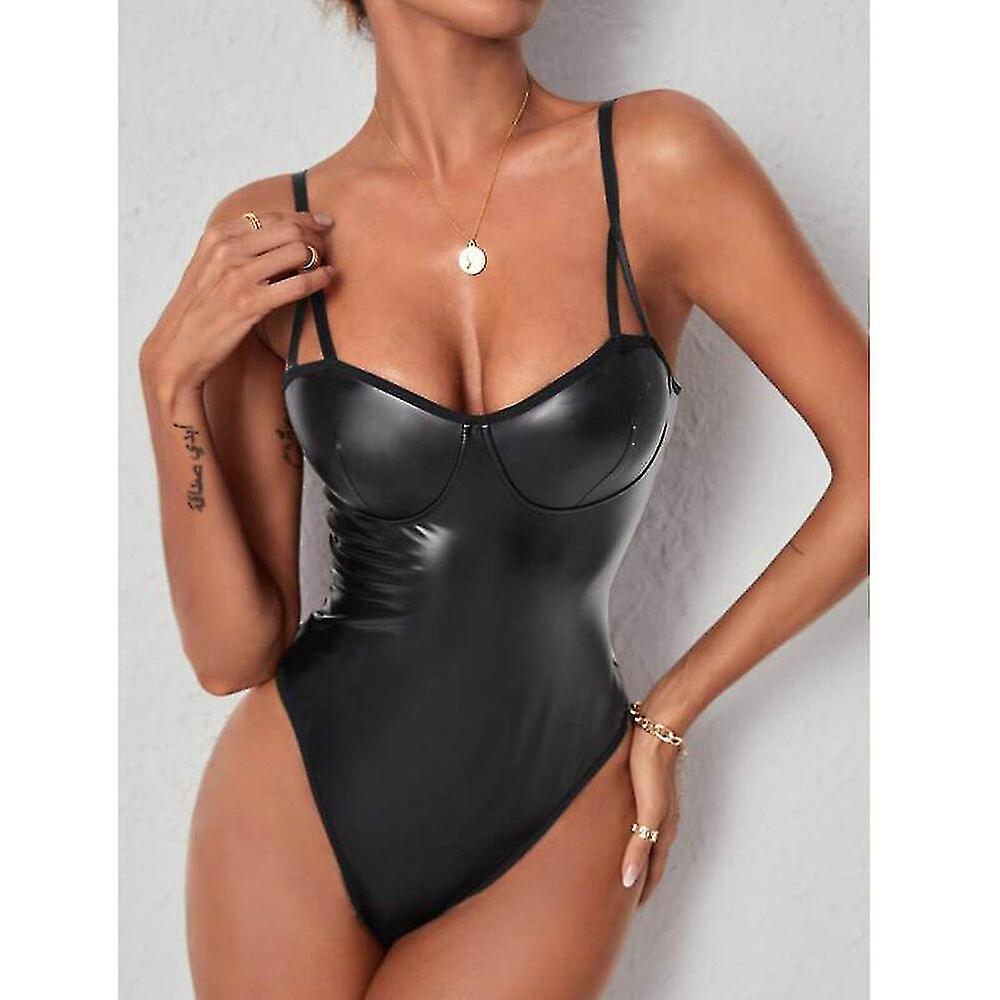 Kvinnors Sexig Pu Läder Underkläder Bodysuit Våt Look Trikå Underkläder Nattkläder