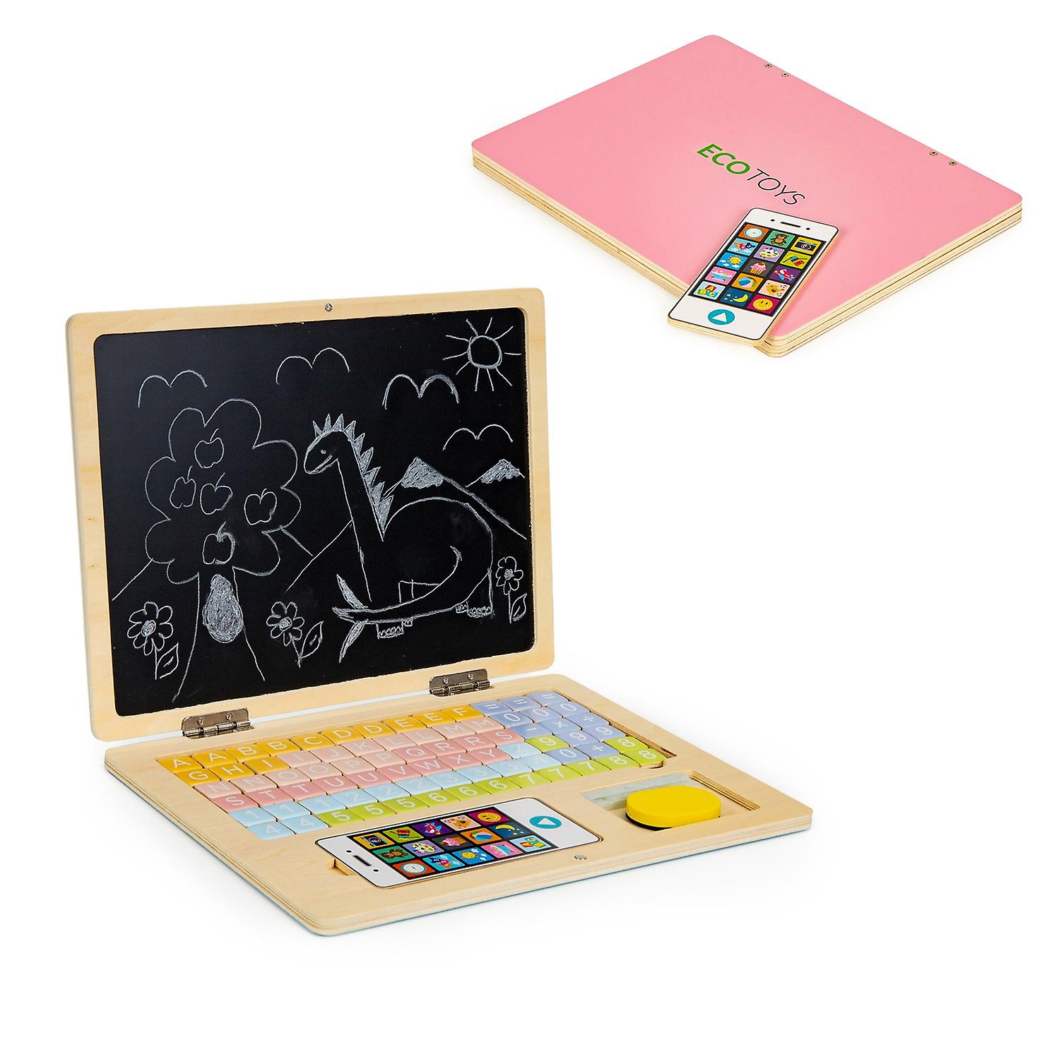 Ecotoys Wooden Magnetic Educational Chalkboard Laptop With Phone And Letters Small