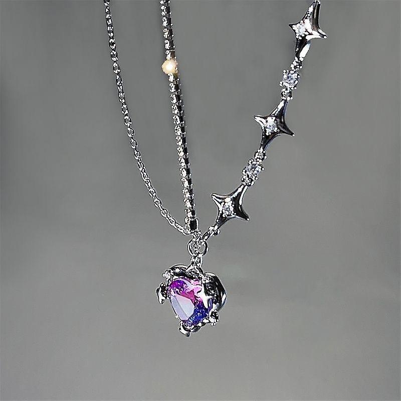 Y2k Purple Crystal Heart Pendant Necklace Women Light Luxury Egirl