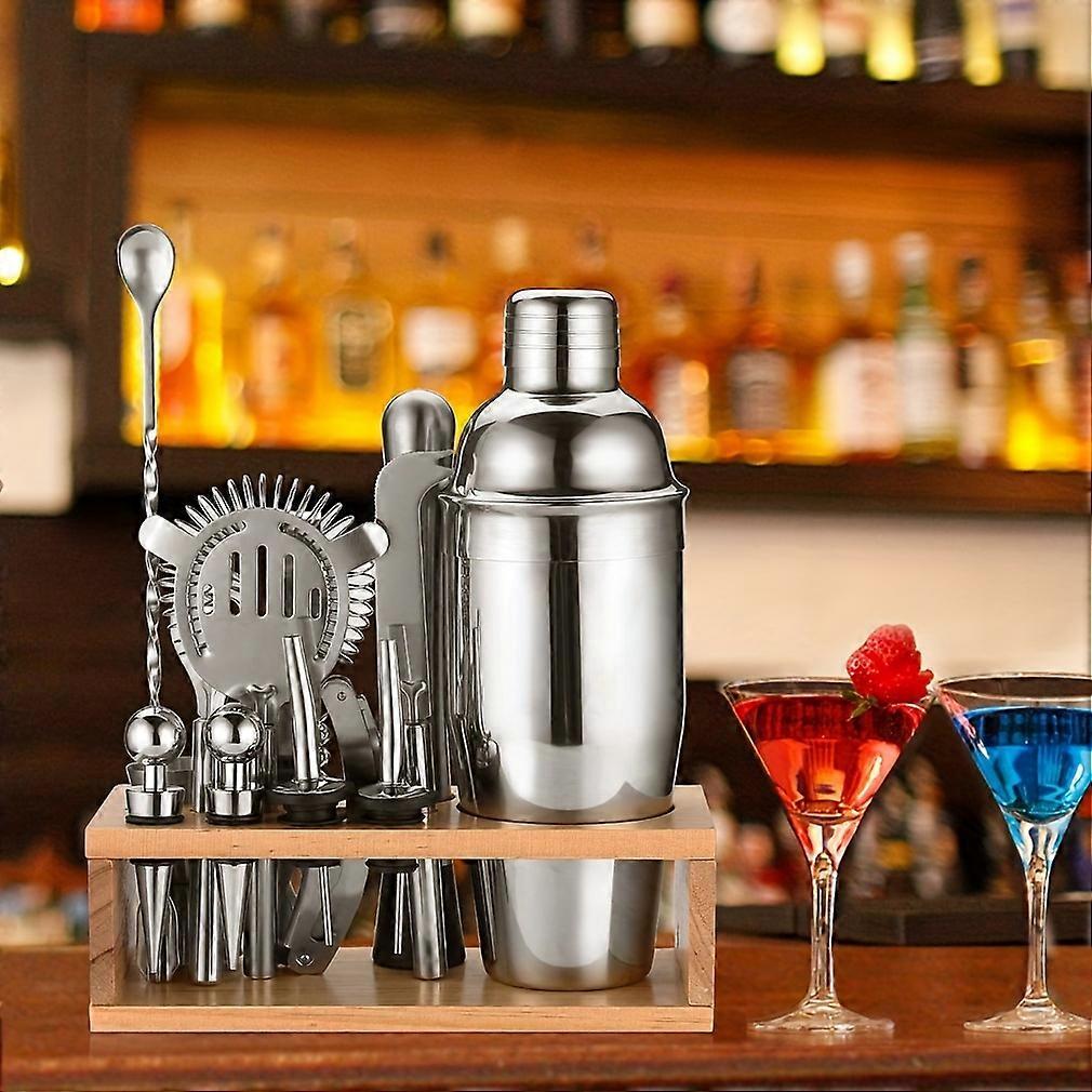 木製スタンド付き14ピースステンレス鋼バーセット - ホームカクテルミキシング体験、パーフェクトマティーニシェーカー、バーテンのためのプロフェッショナルバーテンダーキット