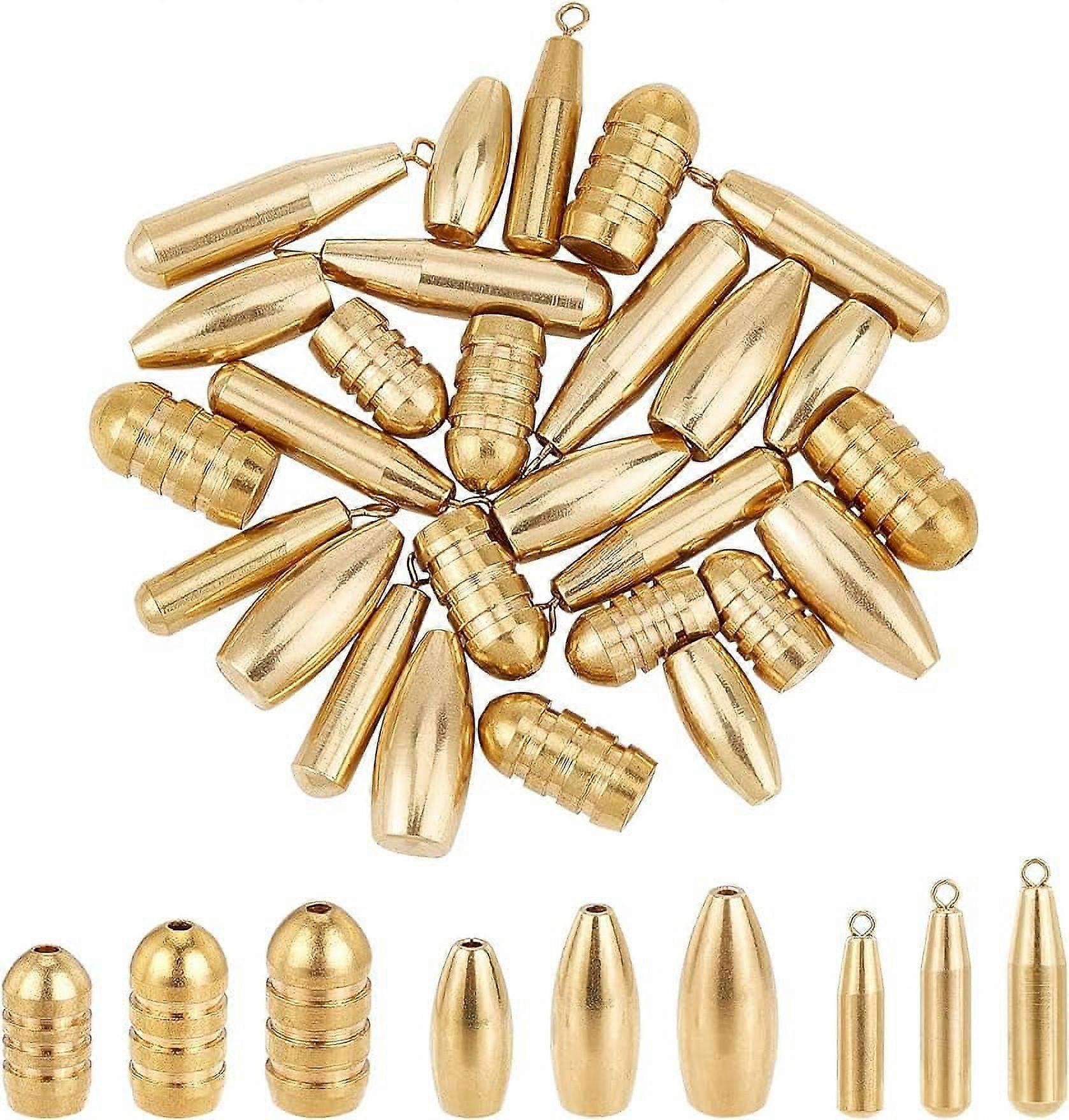 36 Pcs Golden Brass Bullet Weight 9 Styles Threaded Copper Bullet Fishing Sinker Bullet Shot Weight Worm Sinker Weight Set for Texas Rig and Carolina