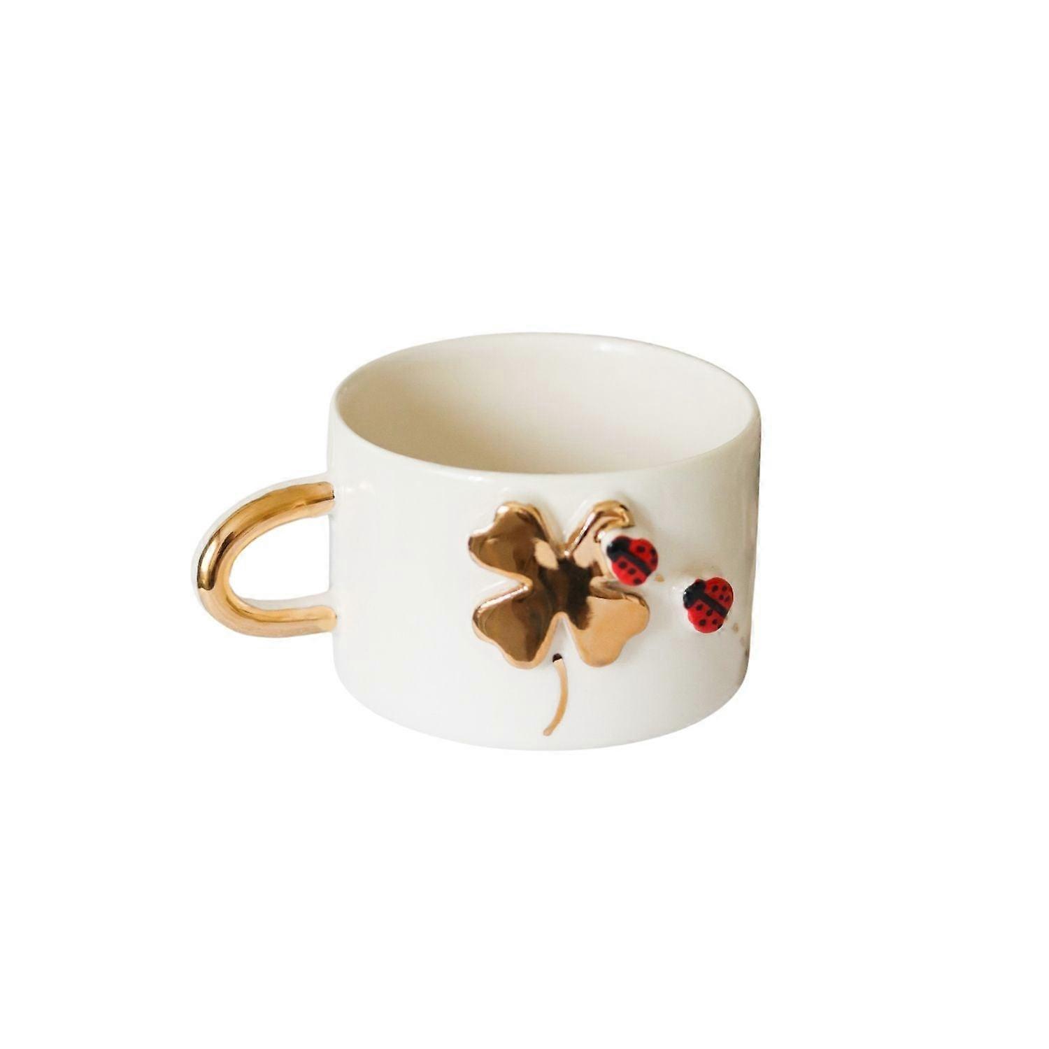 Handmade Lucky Clover & Ladybug Ceramic Mug With Gold-plated Handle