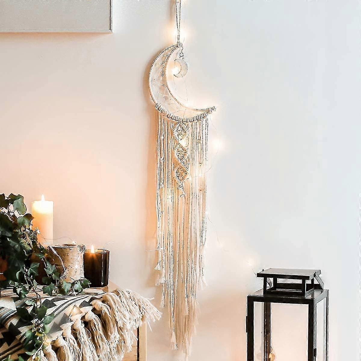 Moon Dream Catcher, Macrame Atrapasueños Bohemio Hecho a Mano con Luces Led