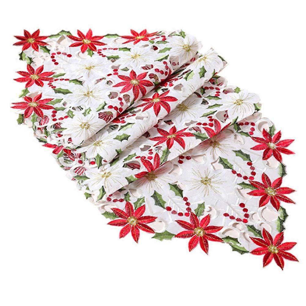 Popular Satin Embroidery Christmas Poinsettia Flowers Bed Table Runner Flag Cover New Year Home Dec