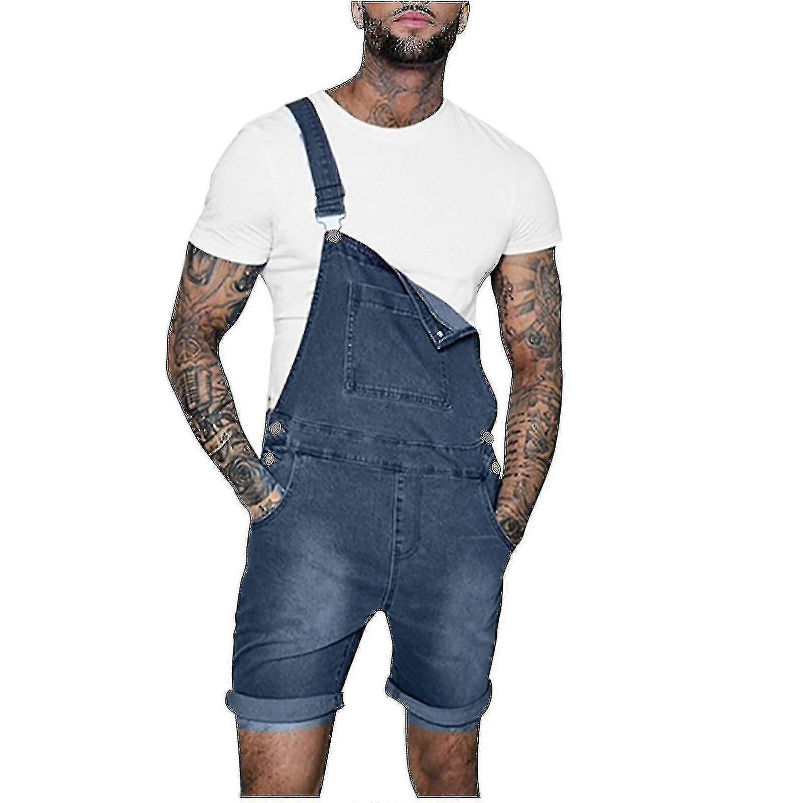 Män Casual Mode Solid Bröstficka Denim Shorts Rak Typ Overaller - B