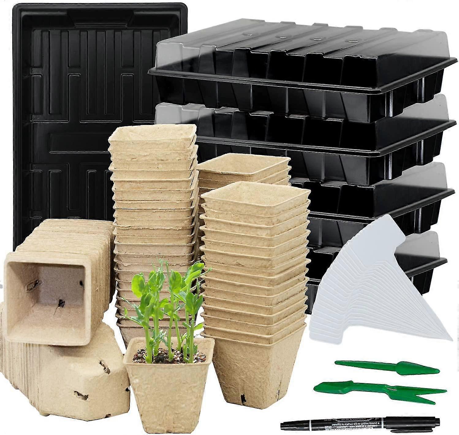 Seed Starter Kit With 100 Peat Pots For Seedlings Seed Starter Tray, Including 100 Square Biodegradable Seed Starter Pods, 5 Plastic Growing Trays & 2