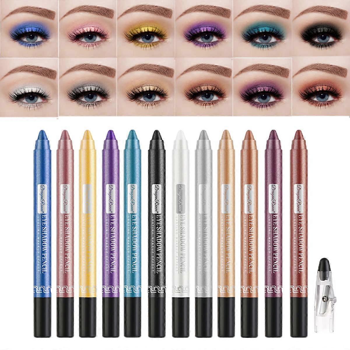 12 Pcs Eyeshadow Pencil Set, Long-Lasting Glitter Eyeliner Pen Make-Up Pen with Sharpener