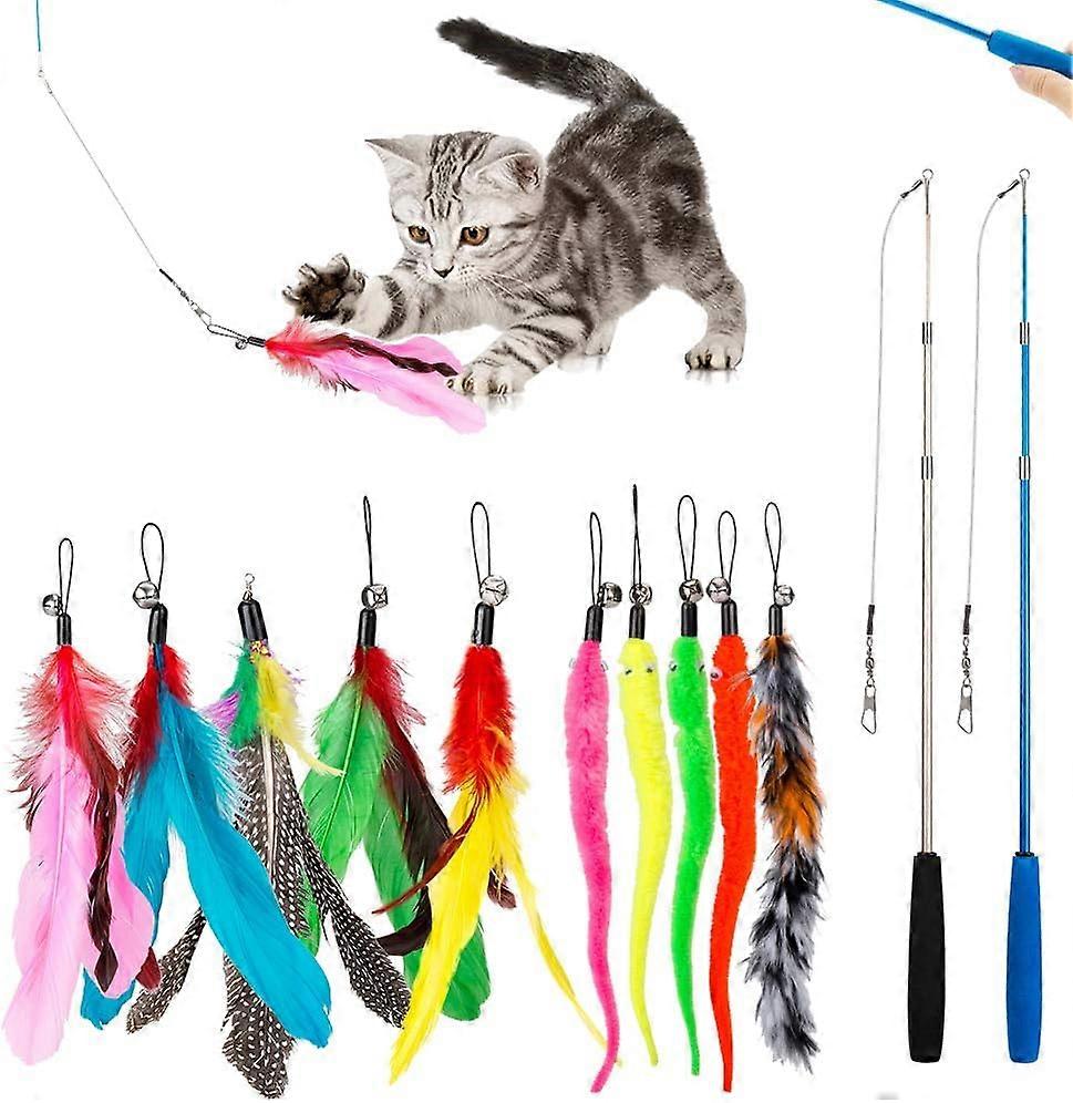 Interactive Cat Feather Toy - 2Pcs Retractable Cat Wand Toys and 10Pcs Replacement Teaser with Bell Refills - Funny Exercise and Interactive Catcher T