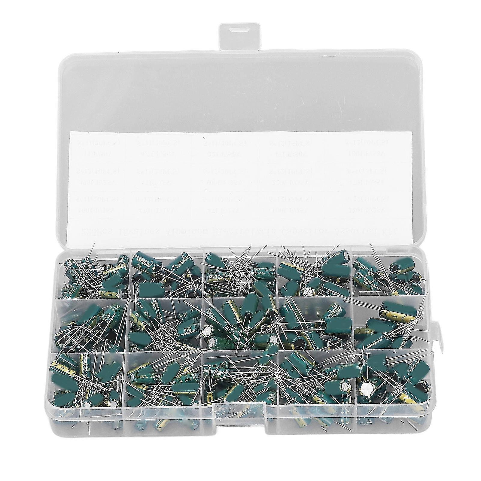 Capacitor Assortment Kit - 225PCS, In Line Type, Aluminum Electrolytic, 15 Values, 16-50V, 1-470uF