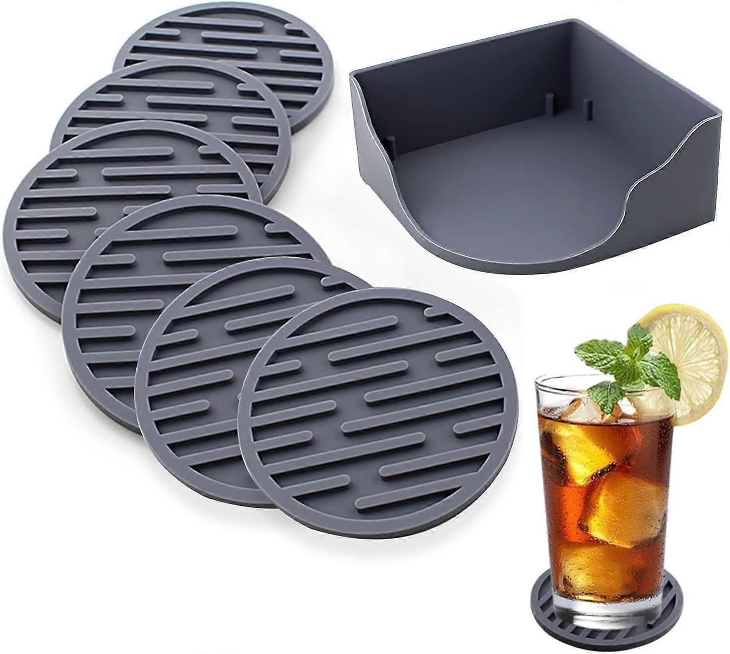 Coasters, 8-pack silicone coasters, drink coasters with stand, thickened drainable coasters, suitable for cold drinks, hot drinks (grey)