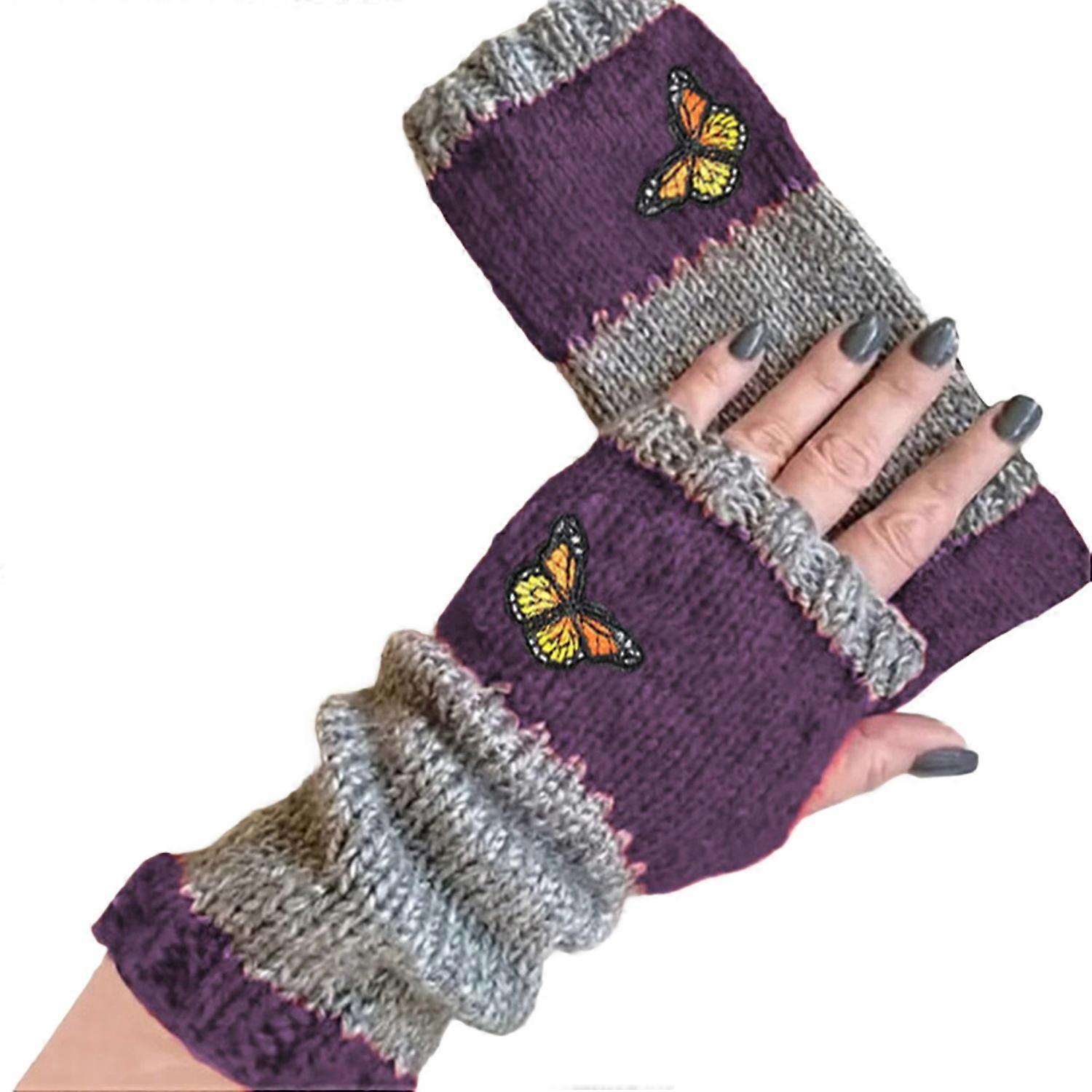 1 Pair Fall Winter Gloves Fingerless Knitted Butterfly Embroidery High Elasticity Non-slip Arm