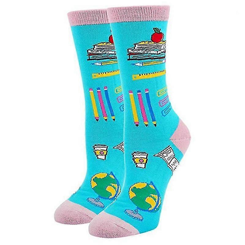 Mimigo 3 Pairs Bright Blue Casual Patterned Socks Cartoon Unisex Crew Socks Stationery, Pencils, Globes, Books, Pins Patterns Cute Socks Christmas Gif