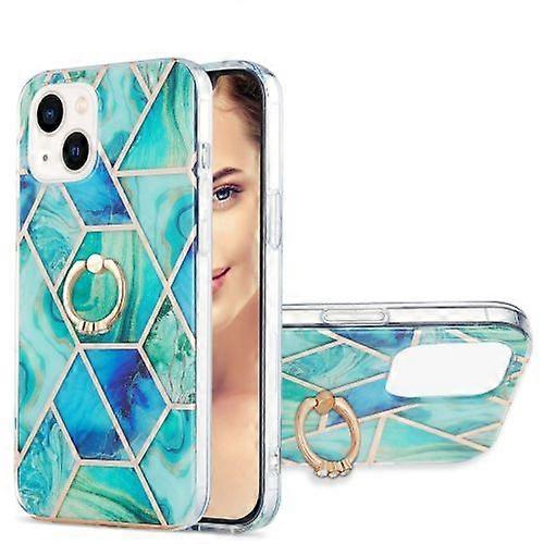 For iPhone 15 Electroplating Splicing Marble Pattern IMD TPU Shockproof Case with Ring Holder
