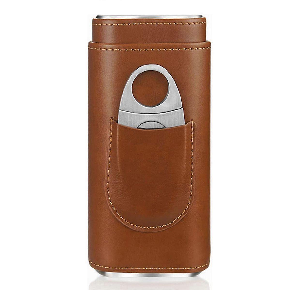 3 Finger Leather Sigar Case, Cedar Wood Foret Sigar Humidor med sølv rustfritt stål Sigar saks