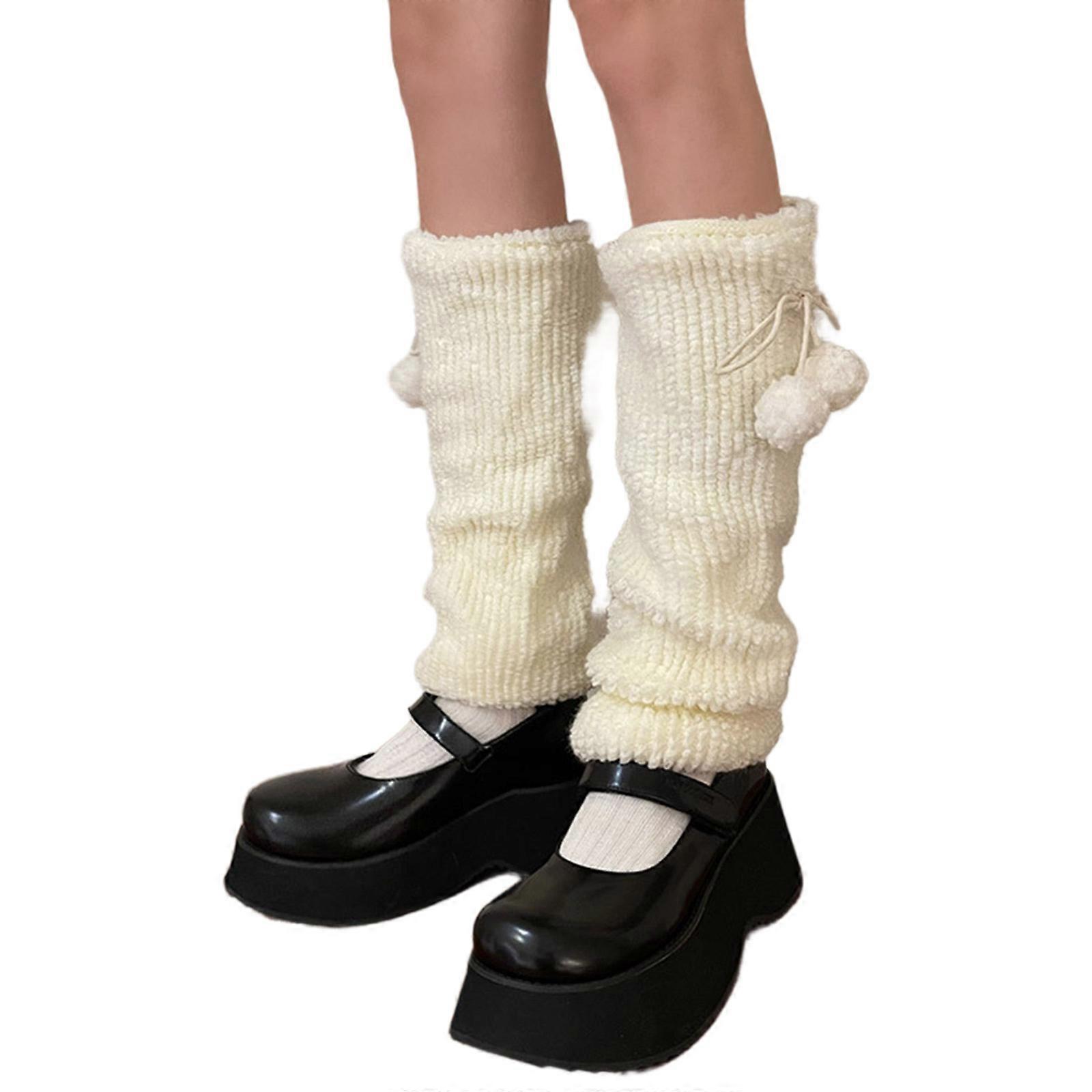 Lolitas Beinwärmer Y2K Gestrickte Beinmanschetten Goth Baggy Cuffs Knöchelsocken JK Uniform Fußbedeckung Plüsch Ball Beinsocken Weiß