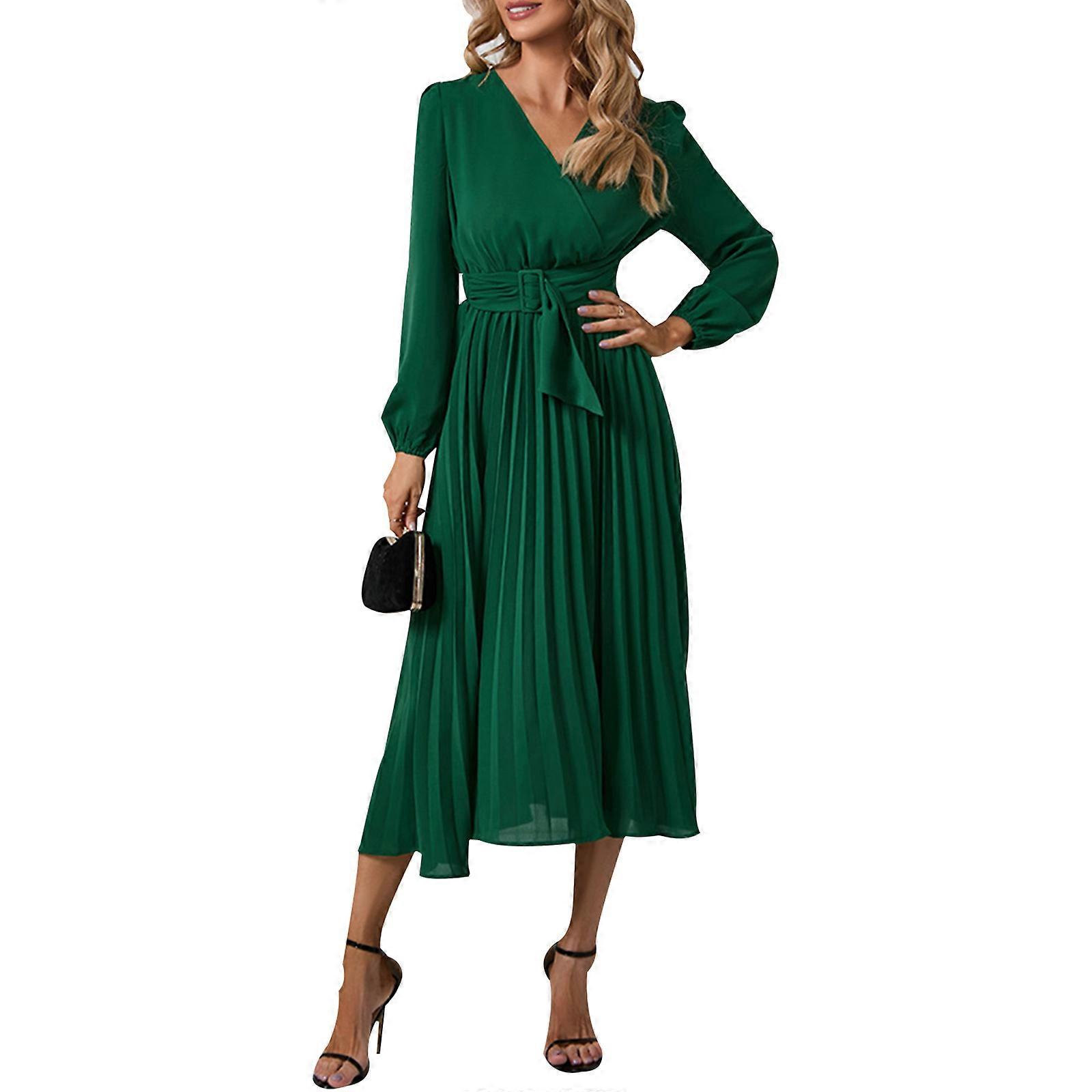 Womens Elegant Long Sleeve Midi Dress Belted Party Wedding Guest Office Dresses  Casual A-Line Swing Dresses Cocktail Green L