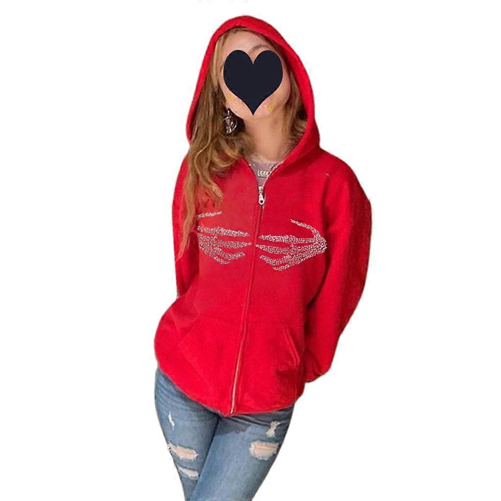 Women Vintage Harajuku Hoodies for Jacket Gothic Punk for Rhinestone Skeleton HandsPrint Long Sleeve Zip Up Oversized Sw  XL Red