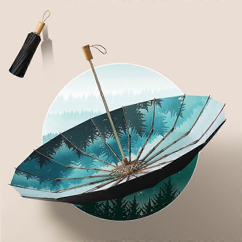 3-fold 16-bone Hand Open Umbrella Retro Wood Handle Black Glue Sunshade Umbrella