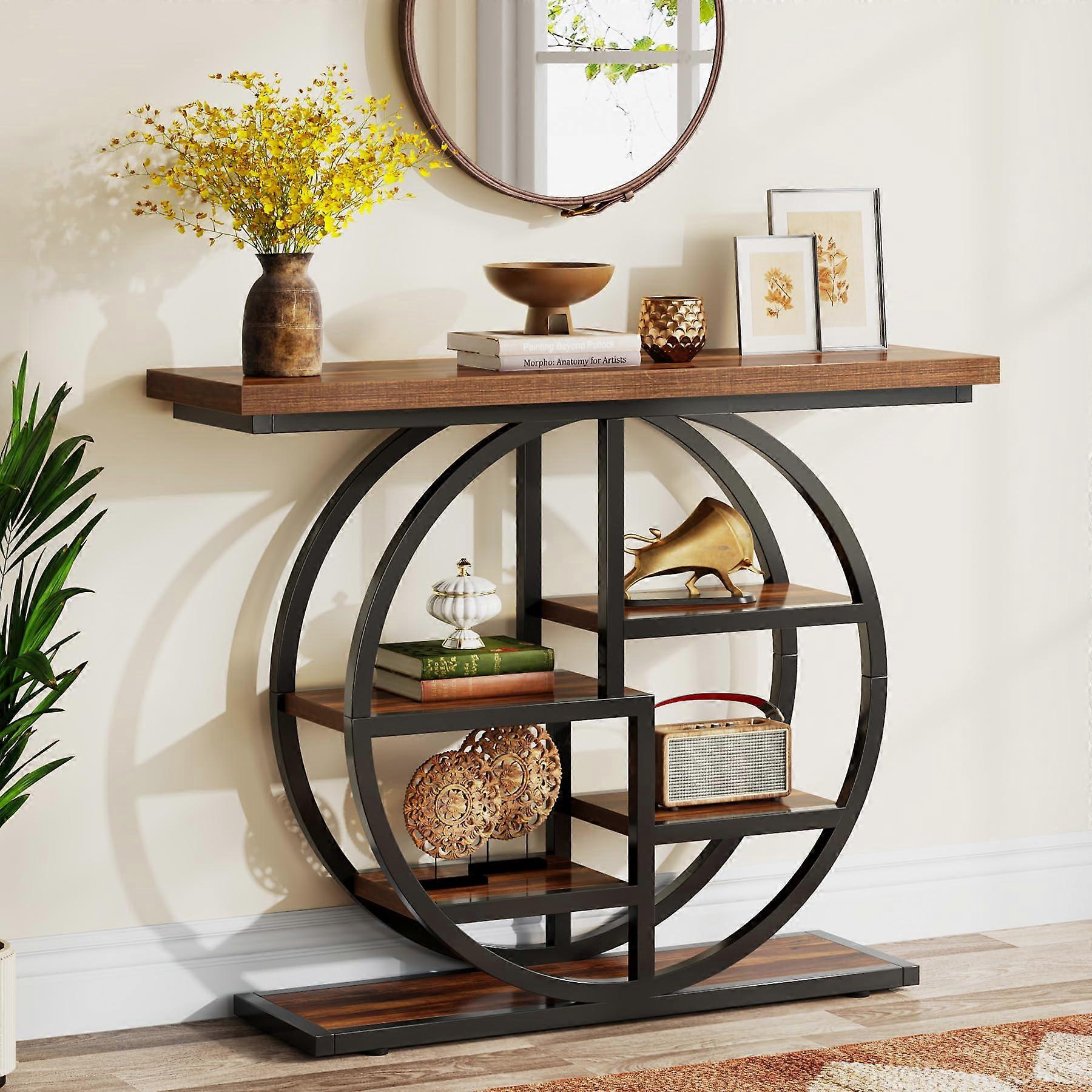Tribesigns Console Table, 105 cm Industrial 6-Tier Sofa Table Entryway Table with Circle Base, with Storage Shelves, Hallway, Foyer, Rustic Brown