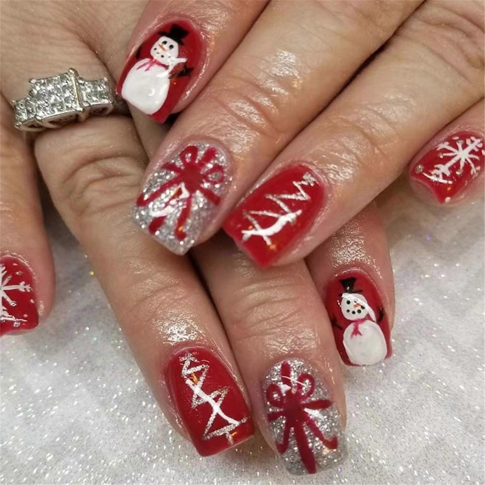 48 Pcs Christmas False Nails Snowman Press On Nails Snowflake Artificial Nails Short Square Full Cover Stick on Nails