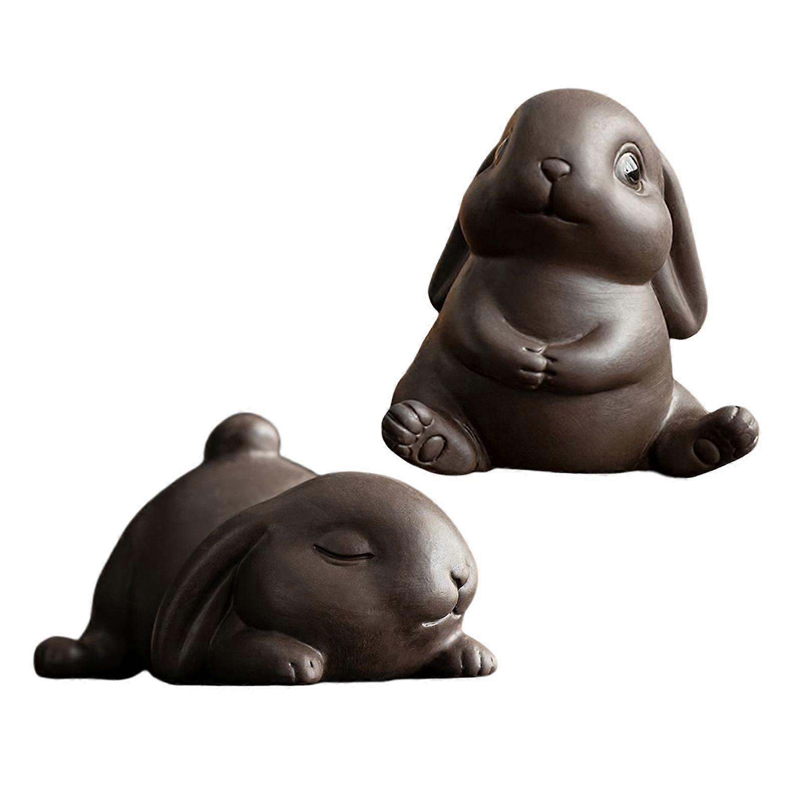2x Figurine Bunny Statue Sculpture Art Desktop Ornament for Bookcase Home Decor