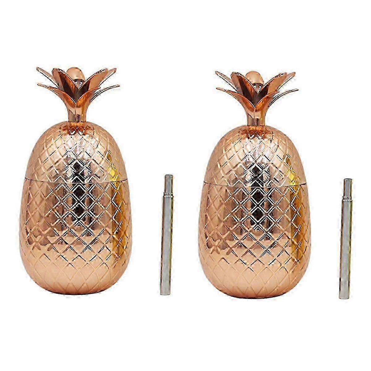 Set of 2 Pineapple-Themed Drink Cups, 450Ml Copper Finish with Extended Straws, Perfect for Hawaiian Luau Parties