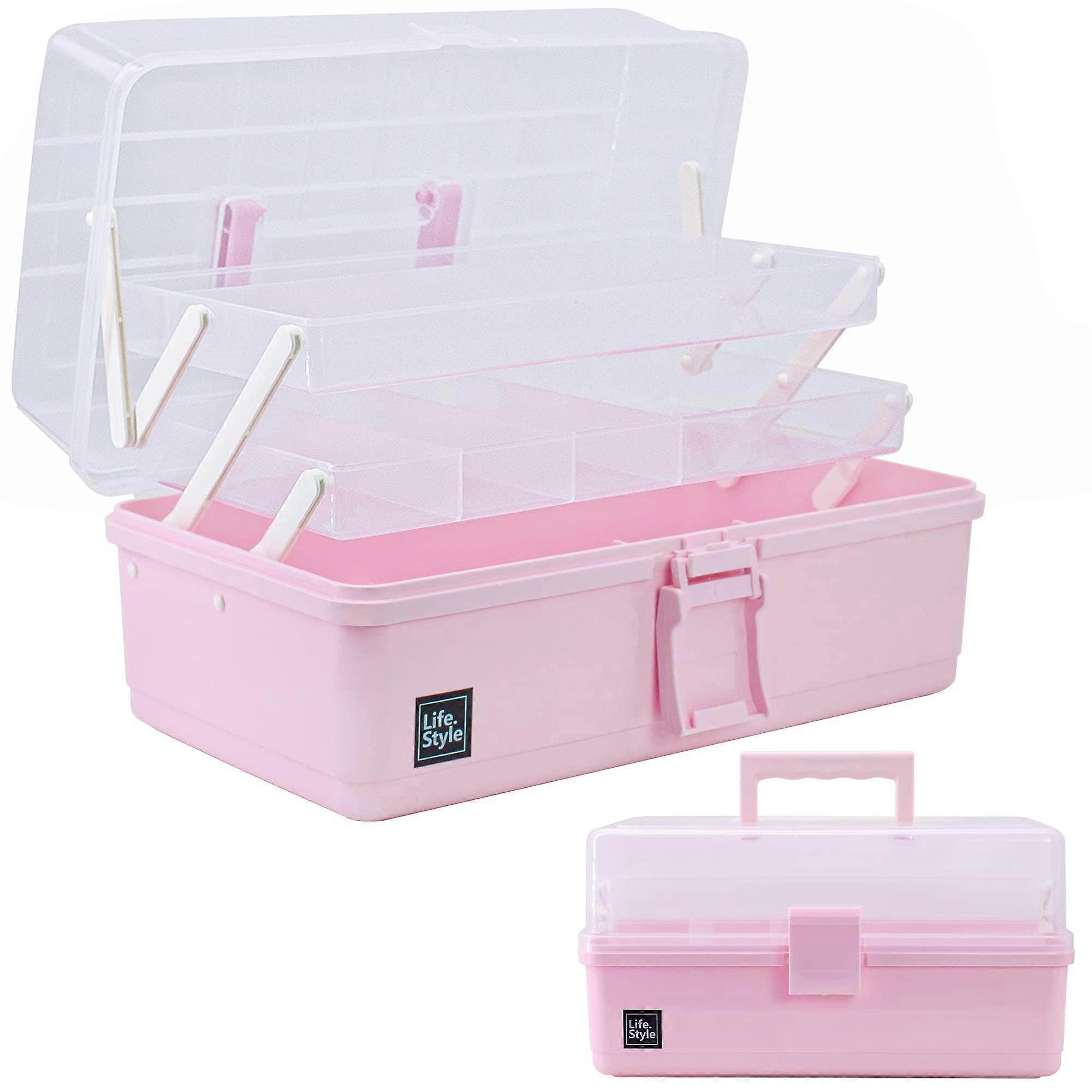 13 Inch Art Craft Organizer Storage Box Three-Layer Plastic Tool Box With Handle For Sewing Art Supplies Pink