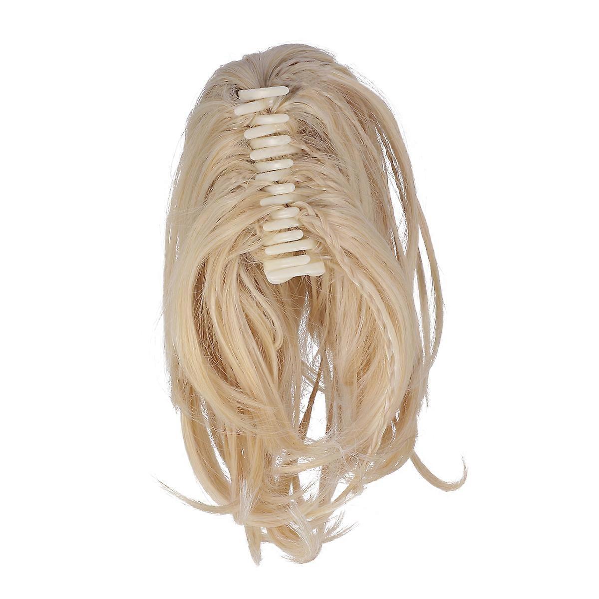 Curly Irregular Braid Ponytail Claw Extension Synthetic Wig Light Yellow Flat Clip Comfortable Daily Wear